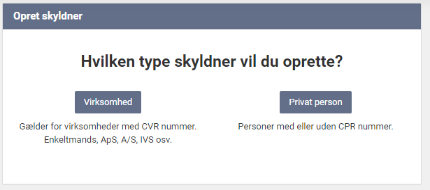 Hvilken type skyldner vil du oprette?