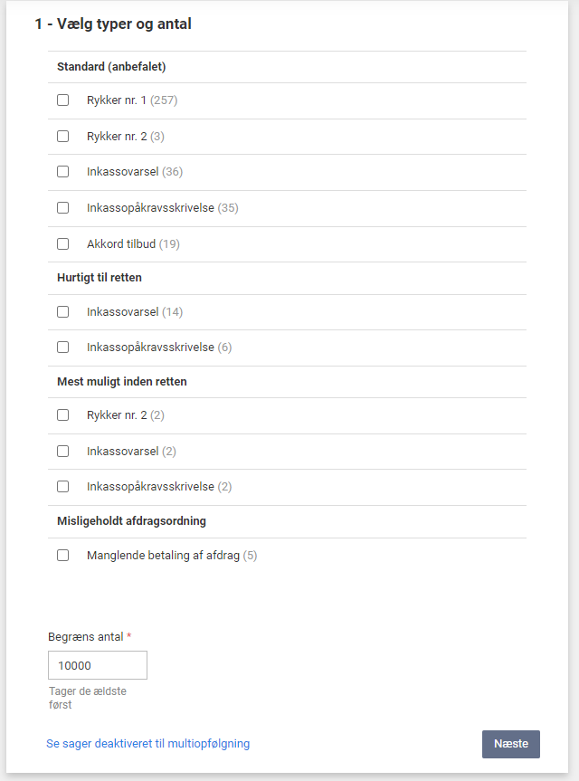 Step 1 - Vælg type og antal